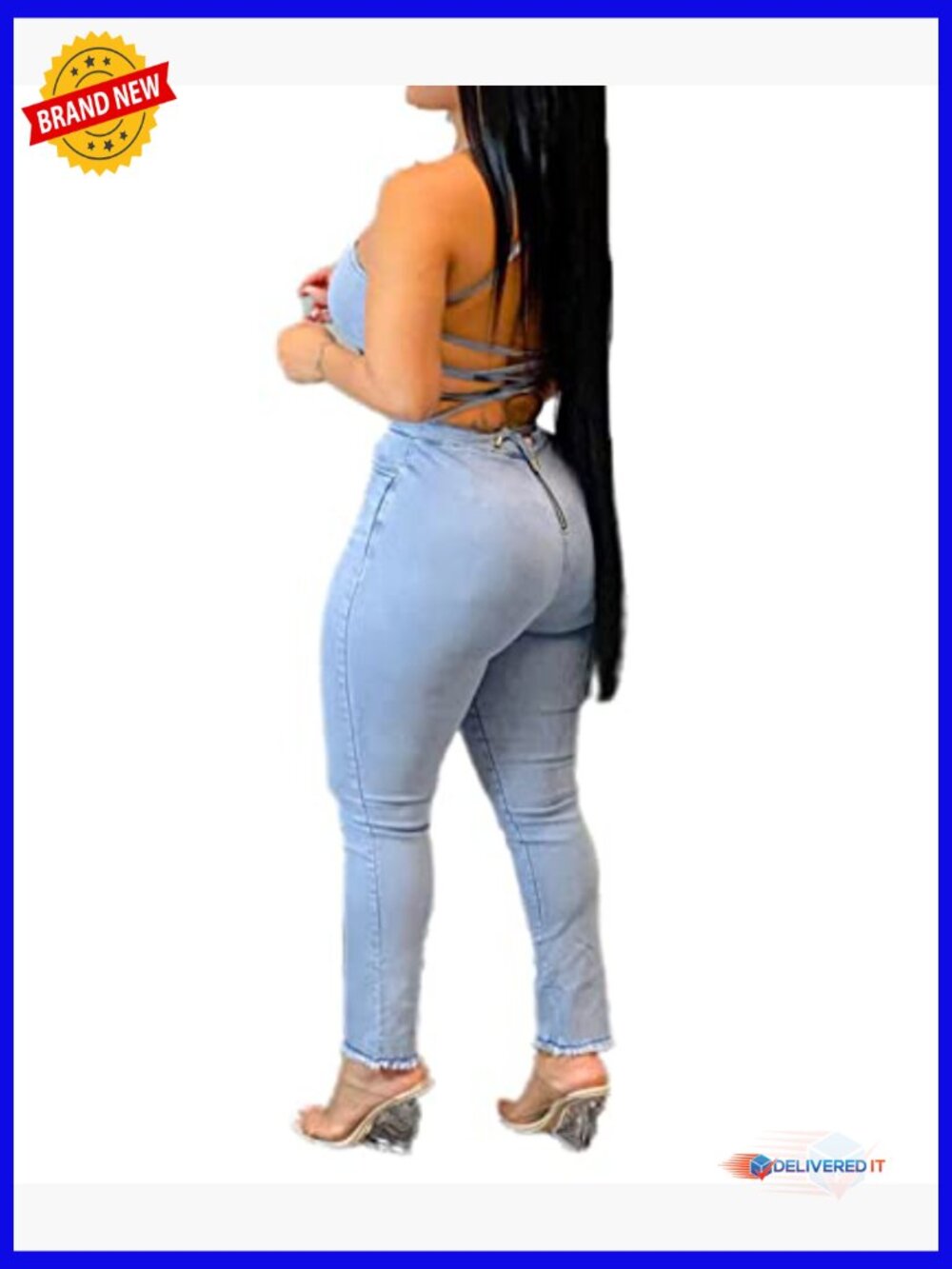 Stretchy Denim Jumpsuit Romper with Pocket Sleeveless High Waist Bodycon - Picture 3 of 6